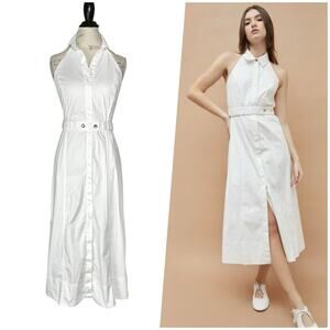 Zara | Women | White Halter Poplin Belted Backless Shirt Midi Dress | Medium